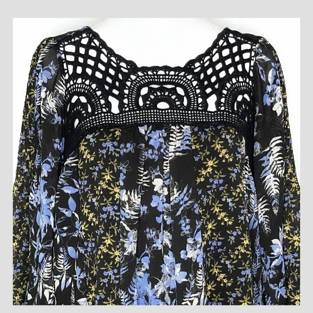 Free People Crochet Front Flower Floral Mini Long Sleeve Flowy Boho Tunic Dress - Picture 6 of 9
